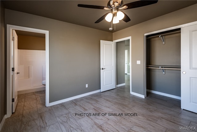 unfurnished bedroom with a ceiling fan, a closet, baseboards, and ensuite bathroom