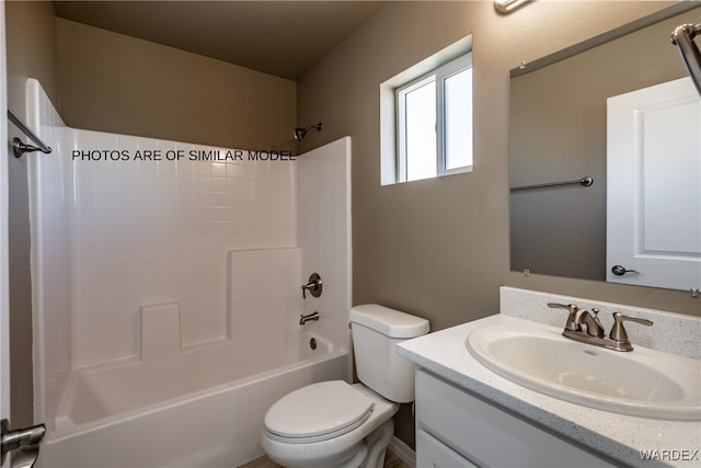 full bath with toilet, shower / bathing tub combination, and vanity