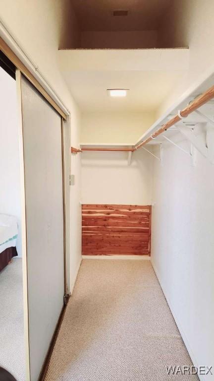 walk in closet featuring light carpet