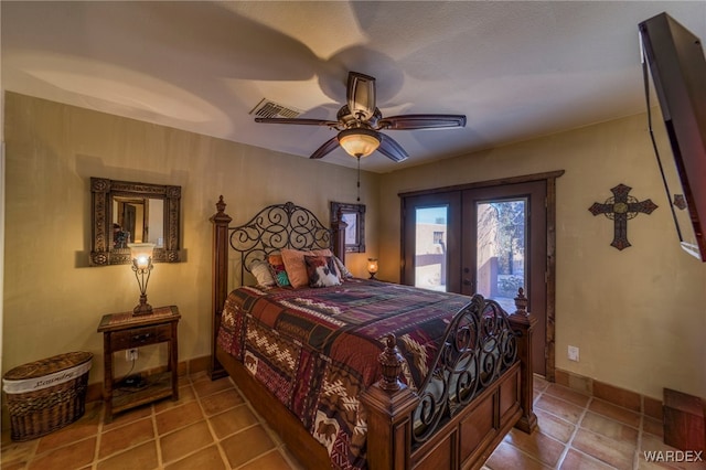 bedroom with access to exterior, french doors, visible vents, and baseboards