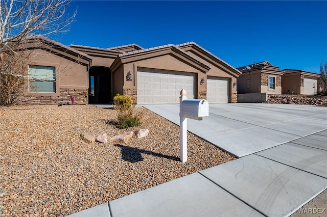 ranch-style house with a garage, stone siding, driveway, and stucco siding