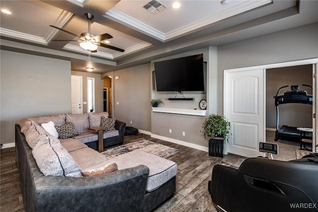 living room with dark wood finished floors, visible vents, ornamental molding, coffered ceiling, and baseboards