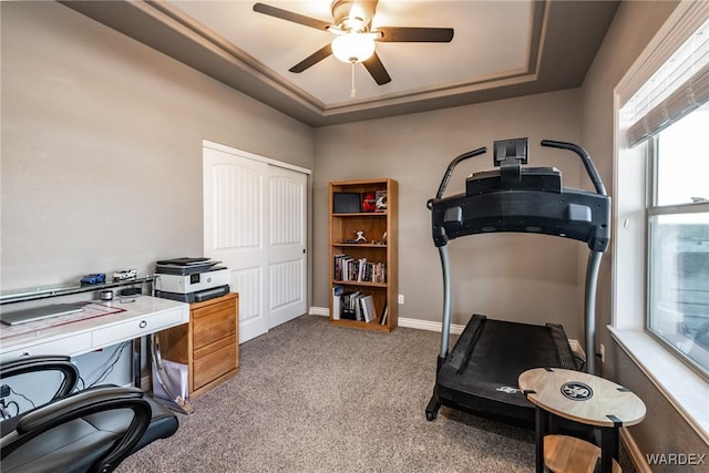 office area featuring carpet, a raised ceiling, ceiling fan, and baseboards