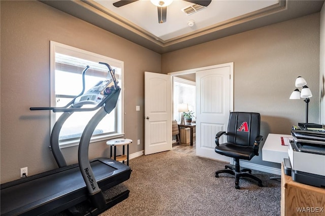 office with carpet, a raised ceiling, visible vents, and baseboards