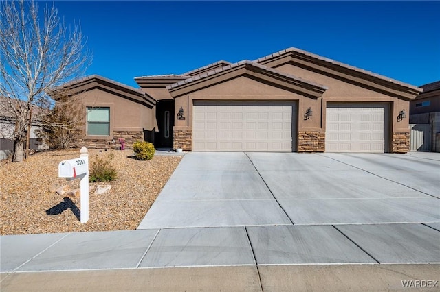 single story home with stone siding and stucco siding