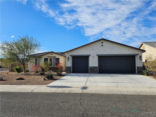 ranch-style house with an attached garage, stone siding, driveway, and stucco siding