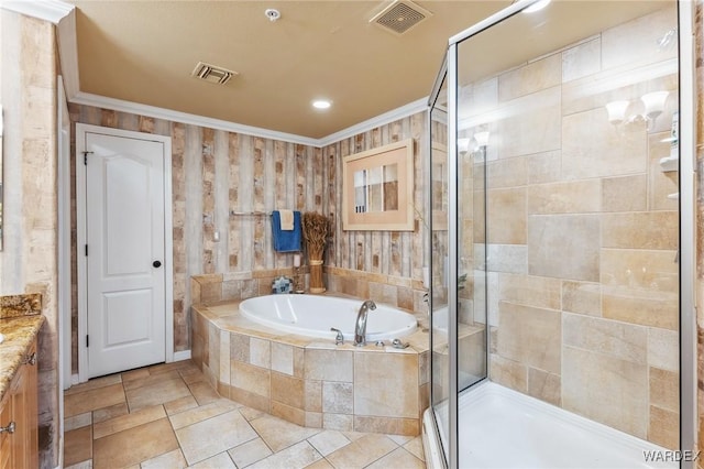 full bath featuring vanity, visible vents, ornamental molding, a shower stall, and a bath