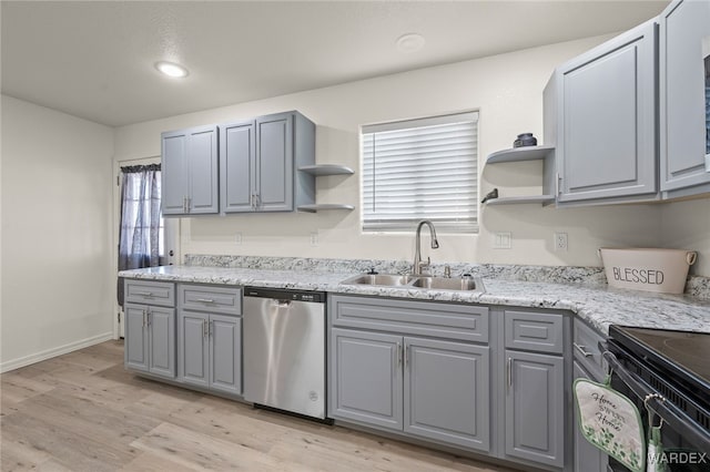 kitchen featuring open shelves, stainless steel dishwasher, light wood-type flooring, and a sink