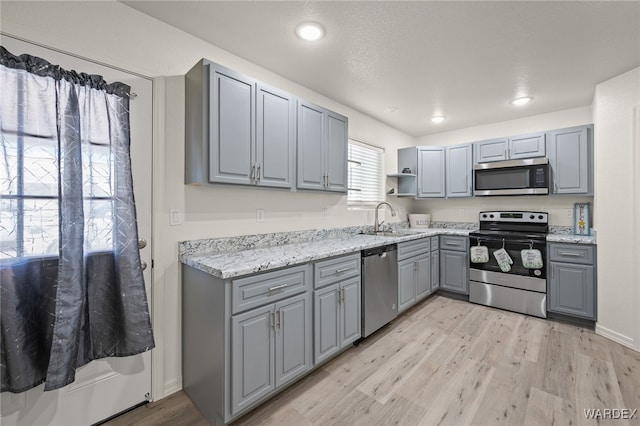 kitchen featuring a sink, appliances with stainless steel finishes, gray cabinets, open shelves, and light wood finished floors