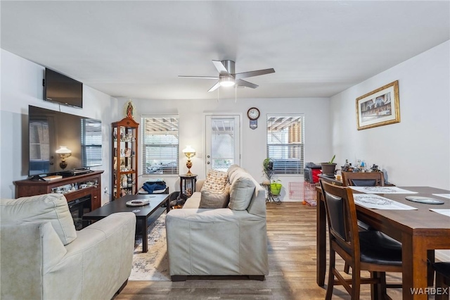 living room with a fireplace, dark wood finished floors, and a ceiling fan