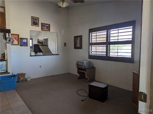 interior space featuring carpet floors and ceiling fan