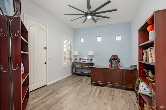 home office featuring light wood-style floors, visible vents, baseboards, and a ceiling fan