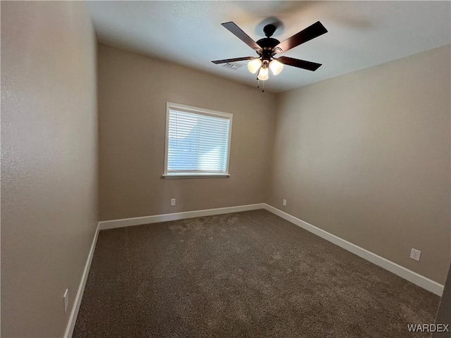 empty room with dark colored carpet, visible vents, and baseboards