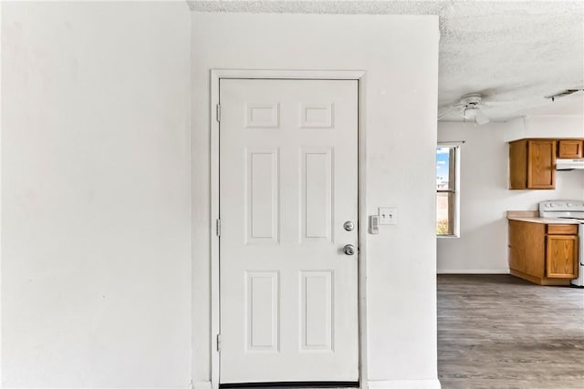 1280 Mohave Dr Unit 28, Bullhead City, AZ 86442 - doorway to outside featuring a ceiling fan, a textured ceiling, wood finished floors, and baseboards