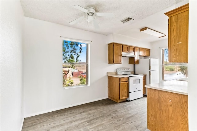 1280 Mohave Dr Unit 28, Bullhead City, AZ 86442 - kitchen featuring white appliances, under cabinet range hood, brown cabinets, light wood-style flooring, and a textured ceiling