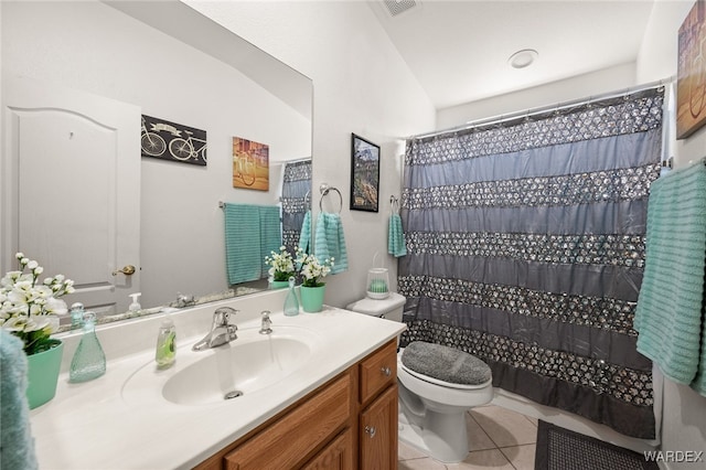 full bathroom with toilet, tile patterned floors, visible vents, vanity, and a shower with curtain