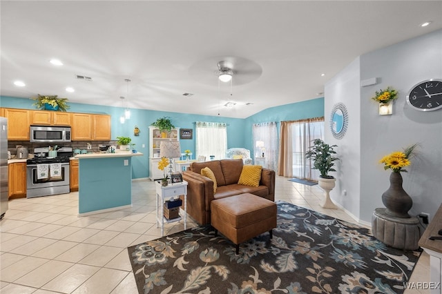 living area featuring light tile patterned floors, baseboards, visible vents, and recessed lighting