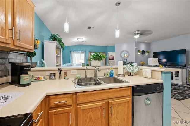 kitchen with a sink, visible vents, light countertops, electric stove, and dishwasher