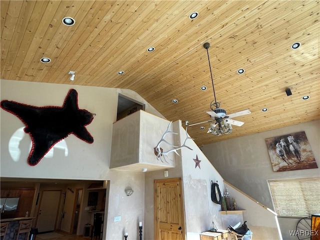 interior details featuring a ceiling fan, wood ceiling, and recessed lighting