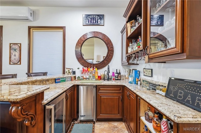 bar featuring wine cooler, an AC wall unit, a sink, and wet bar