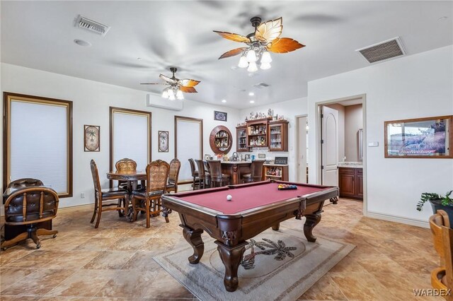 recreation room featuring bar, visible vents, billiards, and a wall mounted AC