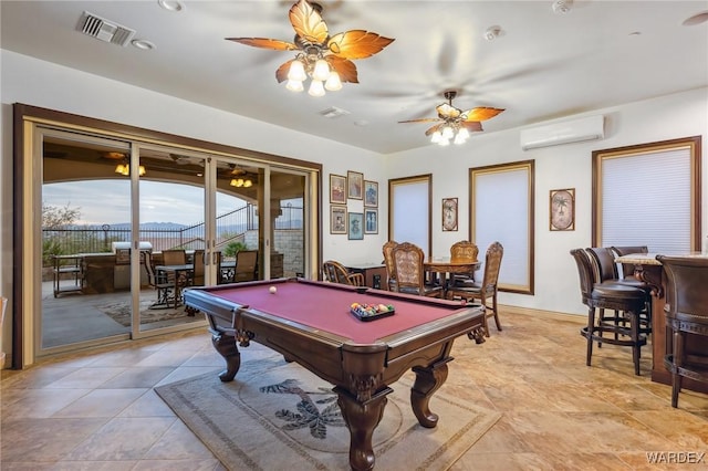 playroom featuring billiards, visible vents, a ceiling fan, and a wall mounted AC