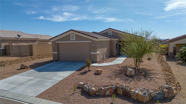 single story home with a garage, driveway, fence, and stucco siding