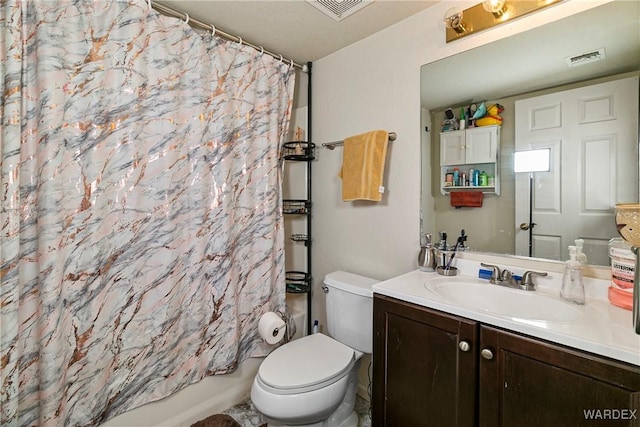 full bath with toilet, shower / bath combination with curtain, vanity, and visible vents