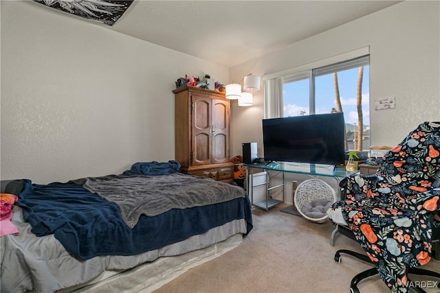 bedroom with light colored carpet