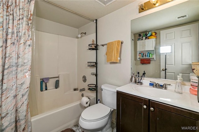 full bath featuring toilet, visible vents, shower / bath combination with curtain, and vanity