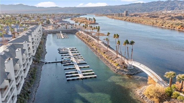 bird's eye view featuring a water and mountain view