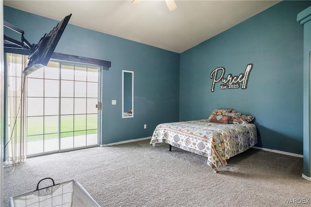 bedroom featuring carpet floors, baseboards, ceiling fan, and vaulted ceiling