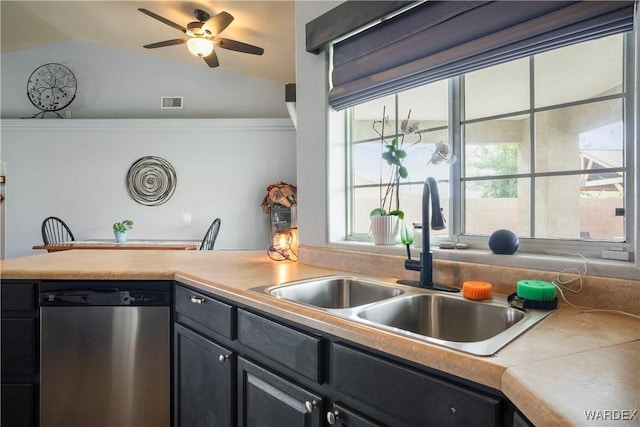 kitchen with visible vents, lofted ceiling, ceiling fan, a sink, and dishwasher