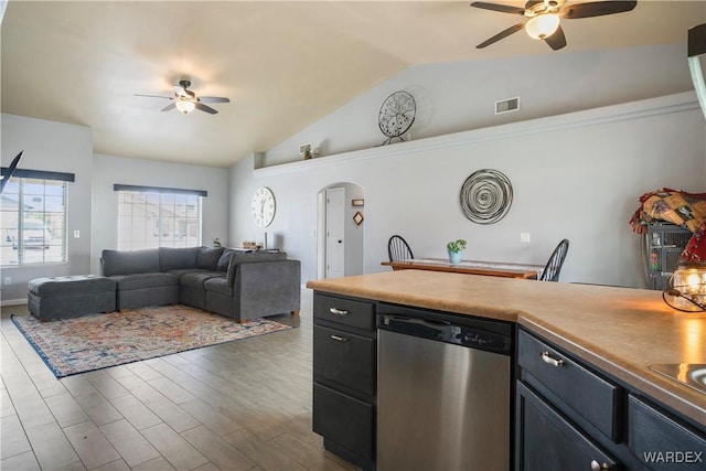 kitchen with visible vents, a ceiling fan, arched walkways, and dishwasher
