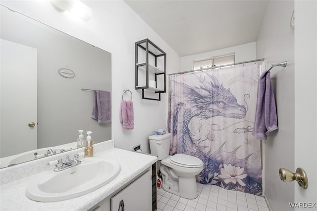 full bathroom with toilet, a shower with curtain, vanity, and tile patterned floors