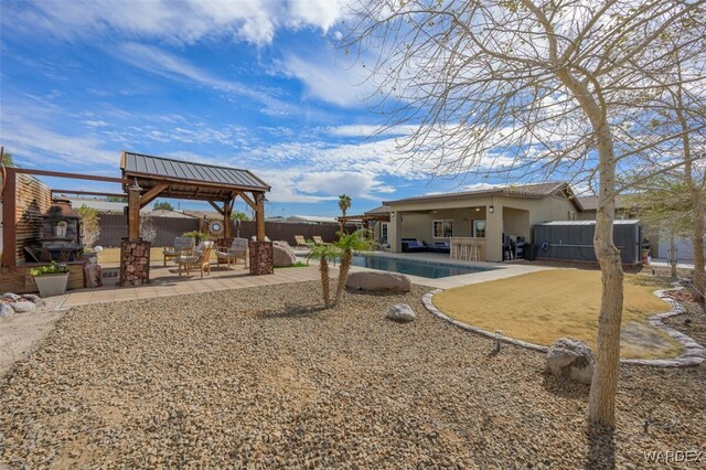 view of jungle gym with a fenced in pool, a patio area, a fenced backyard, and a gazebo