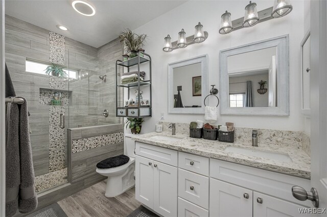 bathroom with double vanity, wood finished floors, a sink, and a shower stall