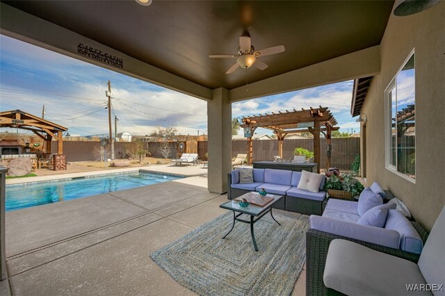 view of patio with a fenced in pool, a fenced backyard, a gazebo, outdoor lounge area, and a pergola