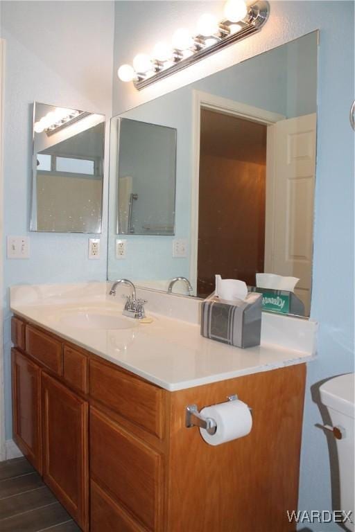 bathroom with wood finished floors and vanity