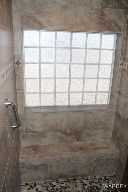 bathroom with tiled shower and plenty of natural light