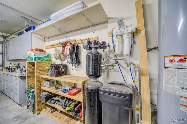 storage featuring gas water heater and a garage