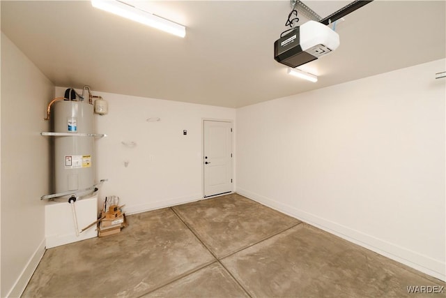 garage featuring secured water heater, baseboards, and a garage door opener