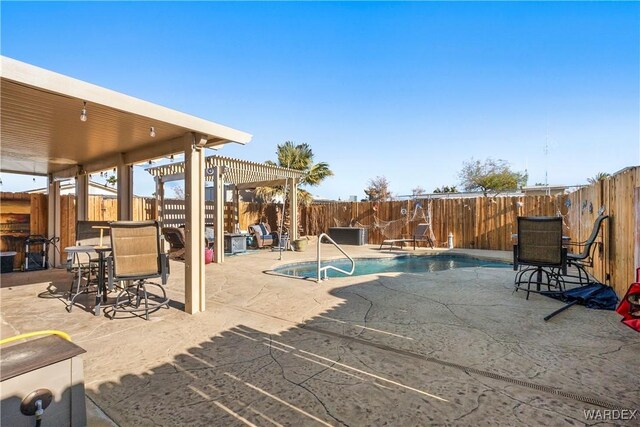 view of swimming pool featuring a fenced backyard, a fenced in pool, a pergola, and a patio