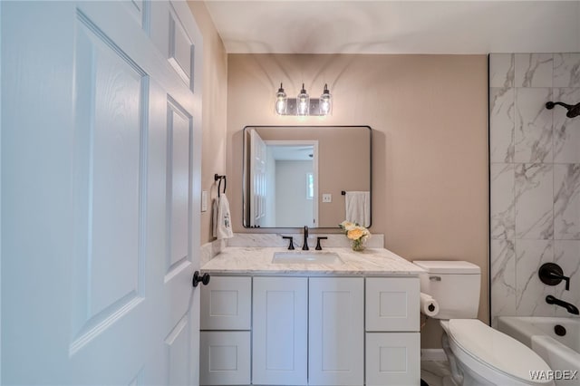 full bath with toilet, shower / bathtub combination, and vanity