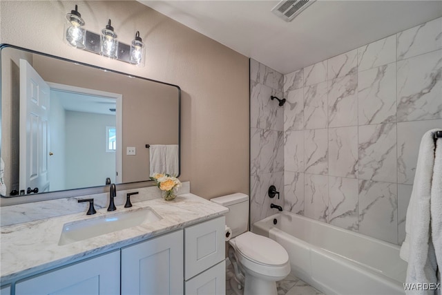 full bathroom with toilet, bathing tub / shower combination, vanity, visible vents, and marble finish floor