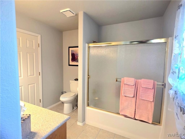 full bathroom with toilet, tile patterned flooring, enclosed tub / shower combo, and vanity