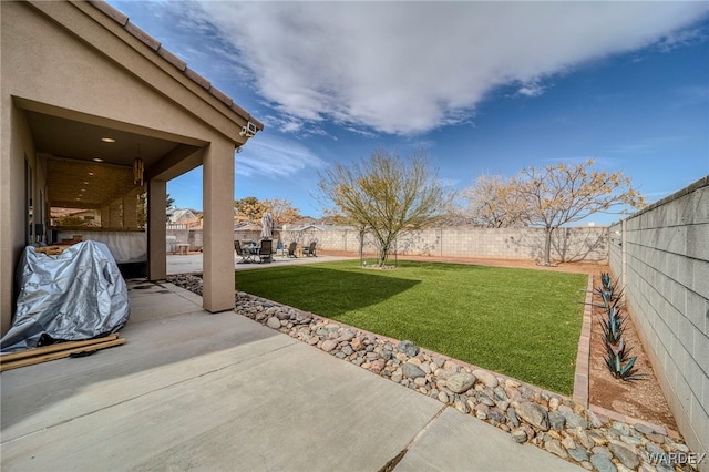 view of yard featuring a patio area and a fenced backyard