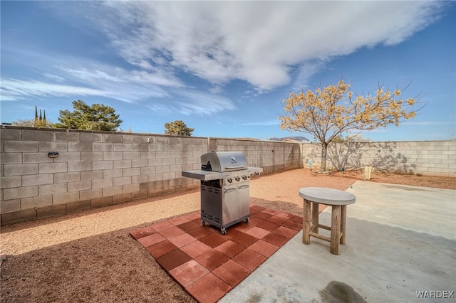 view of patio / terrace featuring a fenced backyard and grilling area