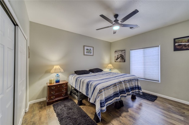 1919 Richardo Ave, Bullhead City, AZ 86442 - bedroom with baseboards, wood finished floors, a closet, and ceiling fan