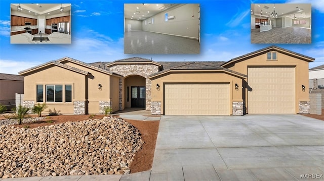 view of front of property featuring stone siding, an attached garage, driveway, and stucco siding